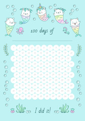 100 days of... Printable habit tracker decorated with little cat mermaids and sea creatures on a mint background. Vector 10 ESP.