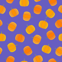 Flat ripe pumpkins on purple background. Seamless autumn vegetable pattern. Suitable for packaging, textile, wallpaper.