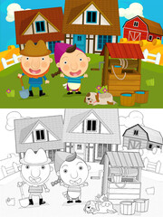 Fototapeta na wymiar cartoon farm ranch scene with happy animals illustration for children
