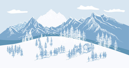 Mountain landscape, hand drawn illustration	