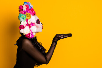 Profile photo of calavera katrina send air kiss arms find boyfriend spirit close eyes wear black...