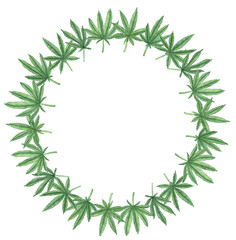 Watercolor cannabis wreath, round frame with green leaves