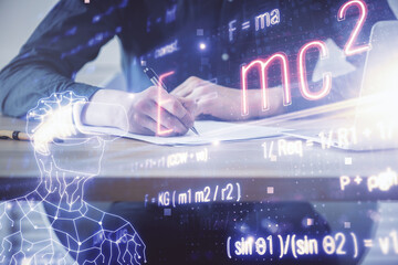 Student or teacher with mathematical and scientific formulas. Concepts of education.