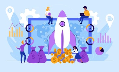 Business Conversion concept from start-up to earnings and profit with rocket and gold coins, colored vector illustration
