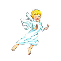 niedlicher Engel Junge barfuß fliegt Augenzwinkern Daumen hoch Zustimmung vertraulich zustimmen Religion Christentum Islam Judentum Logo Figur Design süß hell weiß Heiligenschein lächeln lachen Freude
