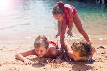 Kids on beach. Children, holiday and summer concept