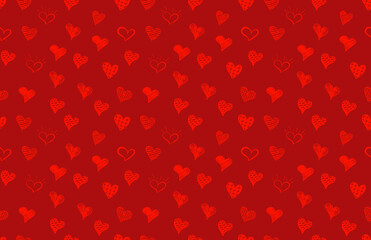 Vector Seamless Pattern, colorful background with doodle hand drawn hearts, bright red colors, drawing illusration template.
