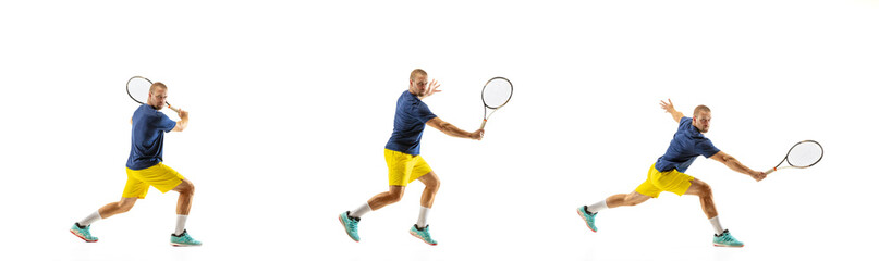 Fototapeta na wymiar Catch. Young caucasian professional sportsman playing tennis on white background, collage, motion of ball's hit in dymanic. Power and energy. Movement, ad, sport, healthy lifestyle concept. Artwork.