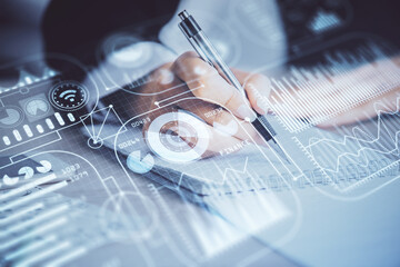 Technology theme hologram over woman's hands taking notes background. Concept of Tech. Double exposure