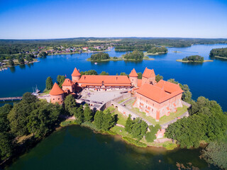 Aerial view of beautiful Gothic style red brick castle on an island on Galve Lake, Trakai, Lithuania