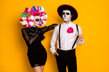 Portrait of his he her she glamorous elegant chic gorgeous couple wearing calavera clothes look...