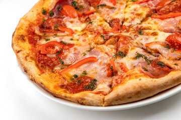 pizza with ham, sausage and tomatoes on a white plate