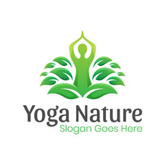 Obraz premium nature yoga logo, healthy life with yoga meditation logo design vector template