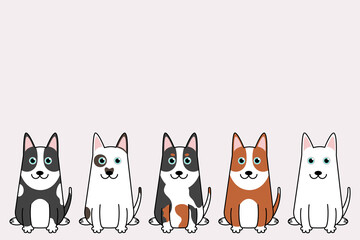 Vector illustration of funny cartoon dogs set. Bull Terrier dogs collection, Vector silhouette of dogs on pink background.
