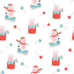 Holiday seamless pattern with cute cows and decorative elements.