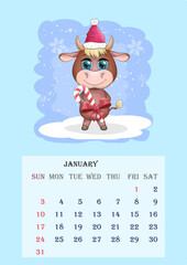 Calendar 2021. Cute bull and cow for every month.