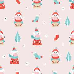 Holiday seamless pattern with cute cows and decorative elements.