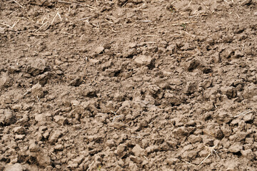 plowed field and blue sky, soil and clouds of a bright sunny day - concept of agriculture