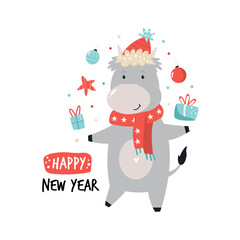 Happy dancing cow juggling with decorative elements. Merry Christmas illustration