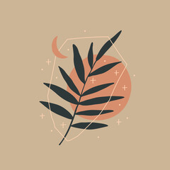 Abstract composition with palm leaf and stars. Modern art. Vector illustration