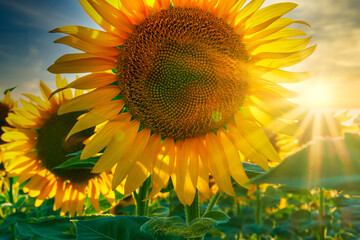 sunflower - bright field with yellow flowers, beautiful summer landscape in sunset