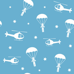 Cartoon helicopters and parachutists. Blue seamless pattern, background, vector illustration