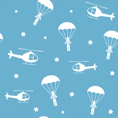Fototapete Militärisches Muster Cartoon-Hubschrauber und Fallschirmspringer. Blaues nahtloses Muster, Hintergrund, Vektorillustration