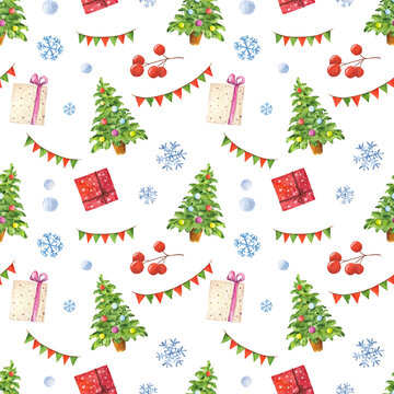 Watercolor seamless pattern with Christmas elements isolated on white