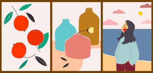 Bright creative cartoon posters. Minimalistic abstract autumn backgrounds for your social networks, stories. Portrait of a fashionable girl by the sea. Oranges with leaves. Still life with vases.