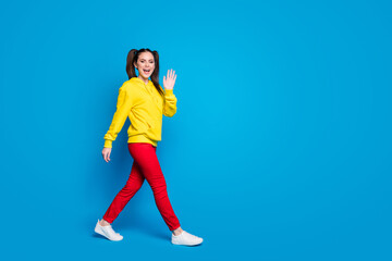 Fototapeta na wymiar Full size profile photo of cheerful lady two tails good mood walk street see friends waving hand wear casual yellow hoodie pullover red pants sneakers isolated bright blue color background