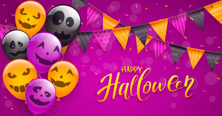 Halloween Scary Balloons and Confetti on Purple Background