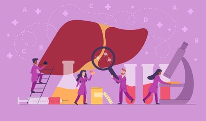 Hepatitis concept with diseased liver, medical staff and laboratory glassware and test, colored vector illustration