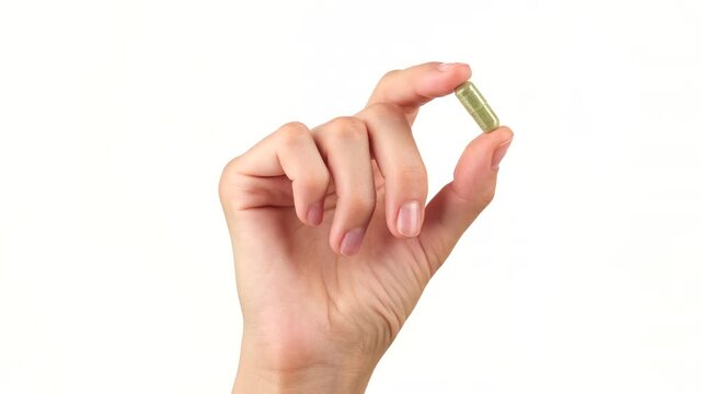 female hand holds in fingers capsule superfoods moringa or spirulina 