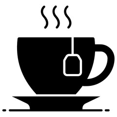 
Teabag with cup and steam, hot tea icon in flat design 
