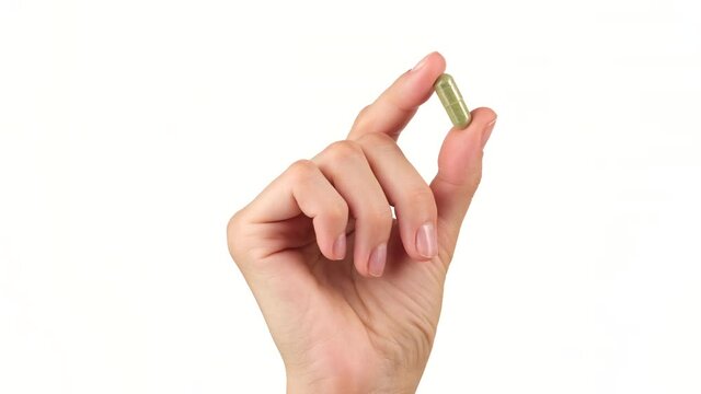 female hand holds in fingers capsule superfoods moringa or spirulina 
