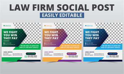 Lawyer social media post design vector digital marketing for law firms. Modern geometric consult instagram post template editable & attorney social media layout square web banner with photo collage.