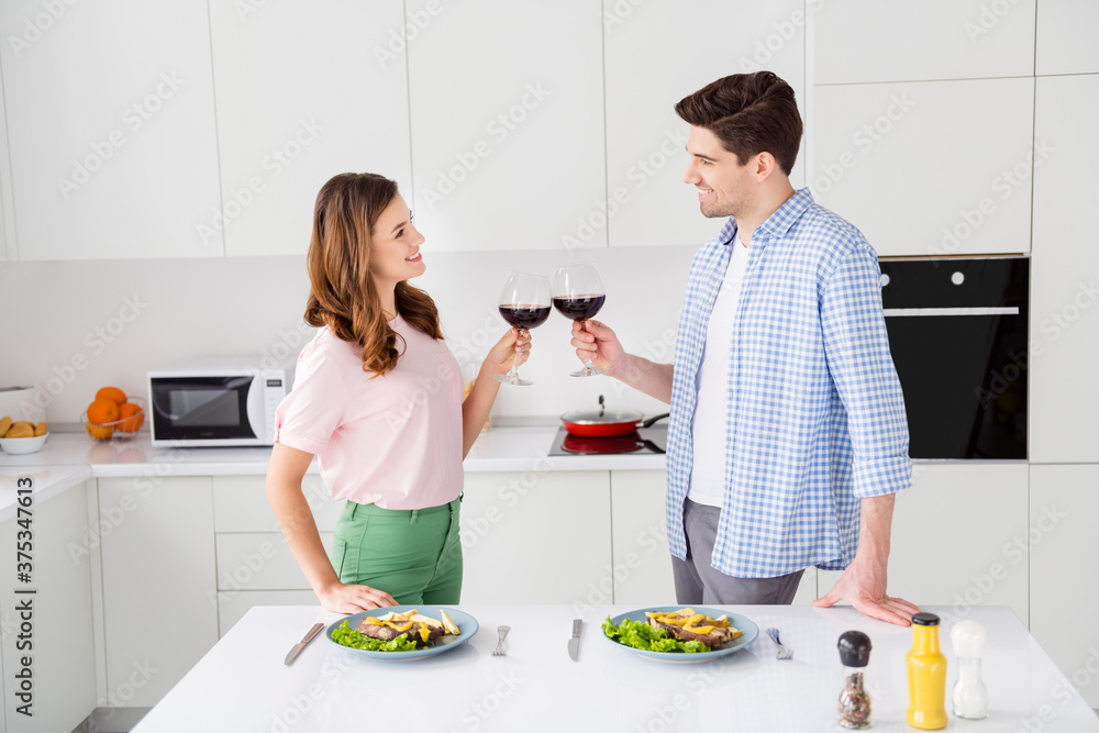 Sticker For you honey. Two dream affectionate couple people have romance 14-february supper prepared homemade roasted beef clink cheers delicious wine enjoy event weekend in kitchen house indoors