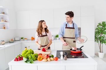 Dream harmony two people lover enjoy weekend cooking recipe man frying pan beef meat supper girl cut knife pepper look want great family romantic date dinner in house kitchen indoors
