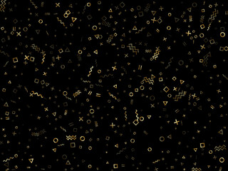 Memphis style geometric confetti vector background of triangle circle square shapes, chevron wavy lines.