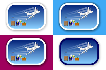 Passenger airplane takes off against the blue sky, with a suitcase, passport, purse. Sticker with white outline and shadow