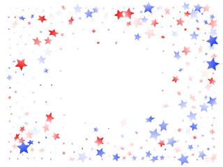 Flying red blue white star sparkles on white vector american patriotic background.