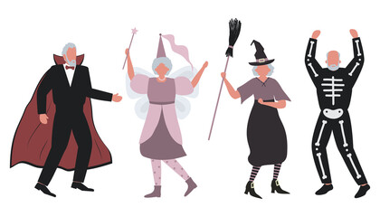 Halloween party. Elderly people in Halloween costumes are dancing and having fun. There is a witch, a vampire, a fairy and a skeleton in the image. Vector illustration