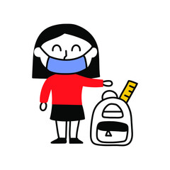 Girl wearing face mask standing with school bag. Hand drawn illustration on white background.