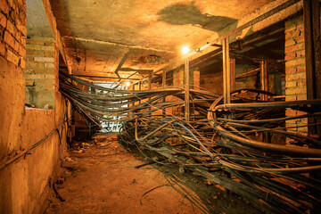 An old underground brickwork cable tunnel or basement with cables with tungsten lamp lighting.