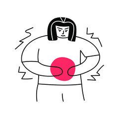 Woman feeling stomach ache. Vector outline illustration on white background. 