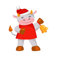 A cute cow dressed as Santa holds a bell. The symbol of the New Year. Vector illustration in flat style. Isolated on white.
