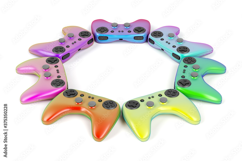 Wall mural Wireless game controllers with different colors on white background