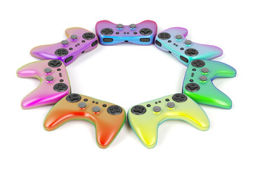 Wireless game controllers with different colors on white background