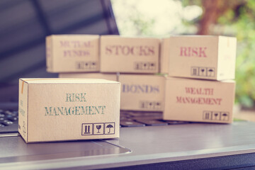 Risk management, financial concept : Box with words Risk Management on a laptop, depicts managing risk which consist of identifying, assessing and controlling threats to an organization's earnings.