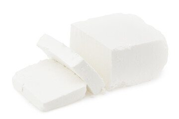 Slices feta cheese isolated on white background. Clipping path and full depth of field